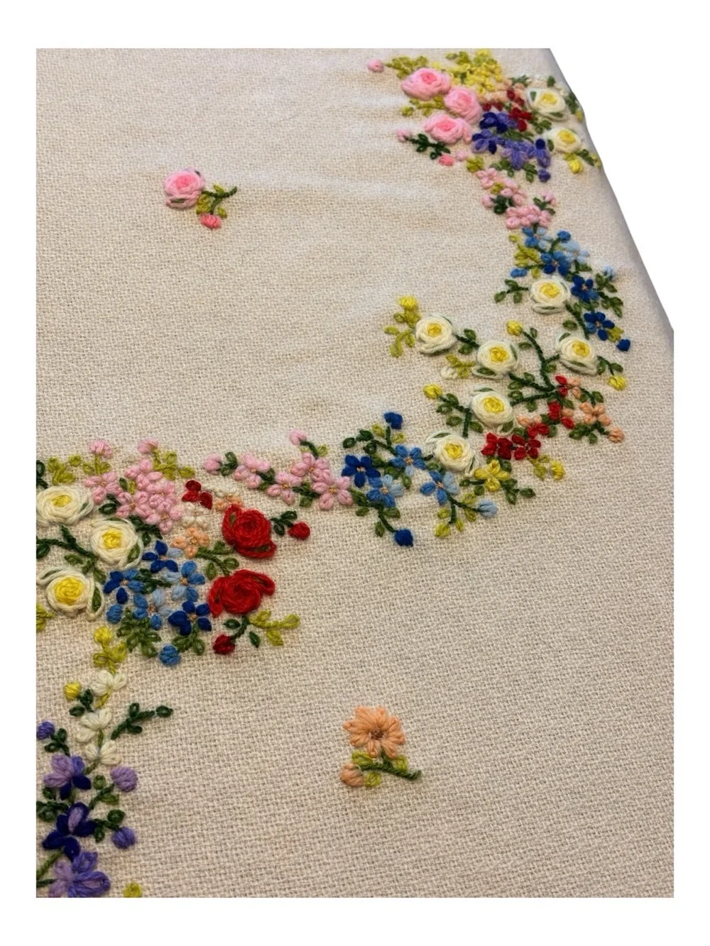 Vintage Crewel Hand Embroidery Needlepoint Tablecloth Throw Blanket Ribbon Roses